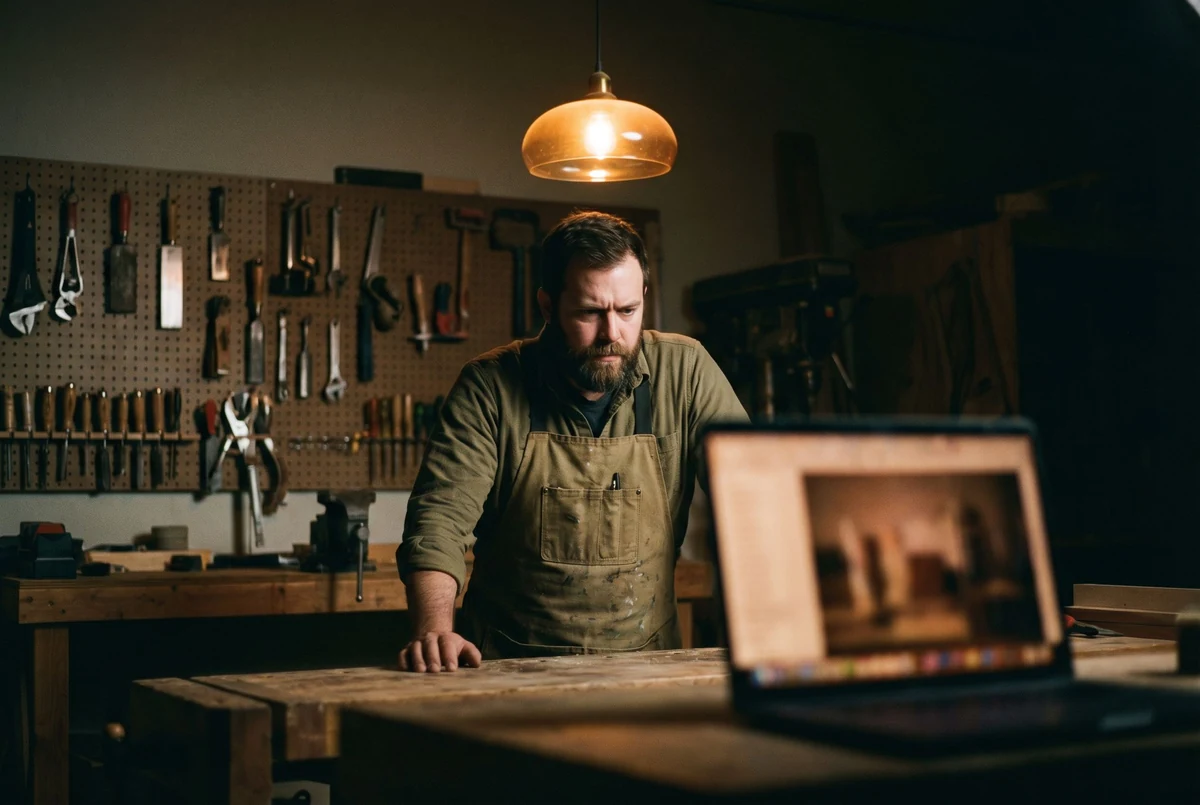 Handwerker an seinem Schreibtisch mit Auftragsbuch und Telefon